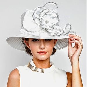 Elegant White Hat Rhinestones Wedding Church White Party Brunch Derby Ga…